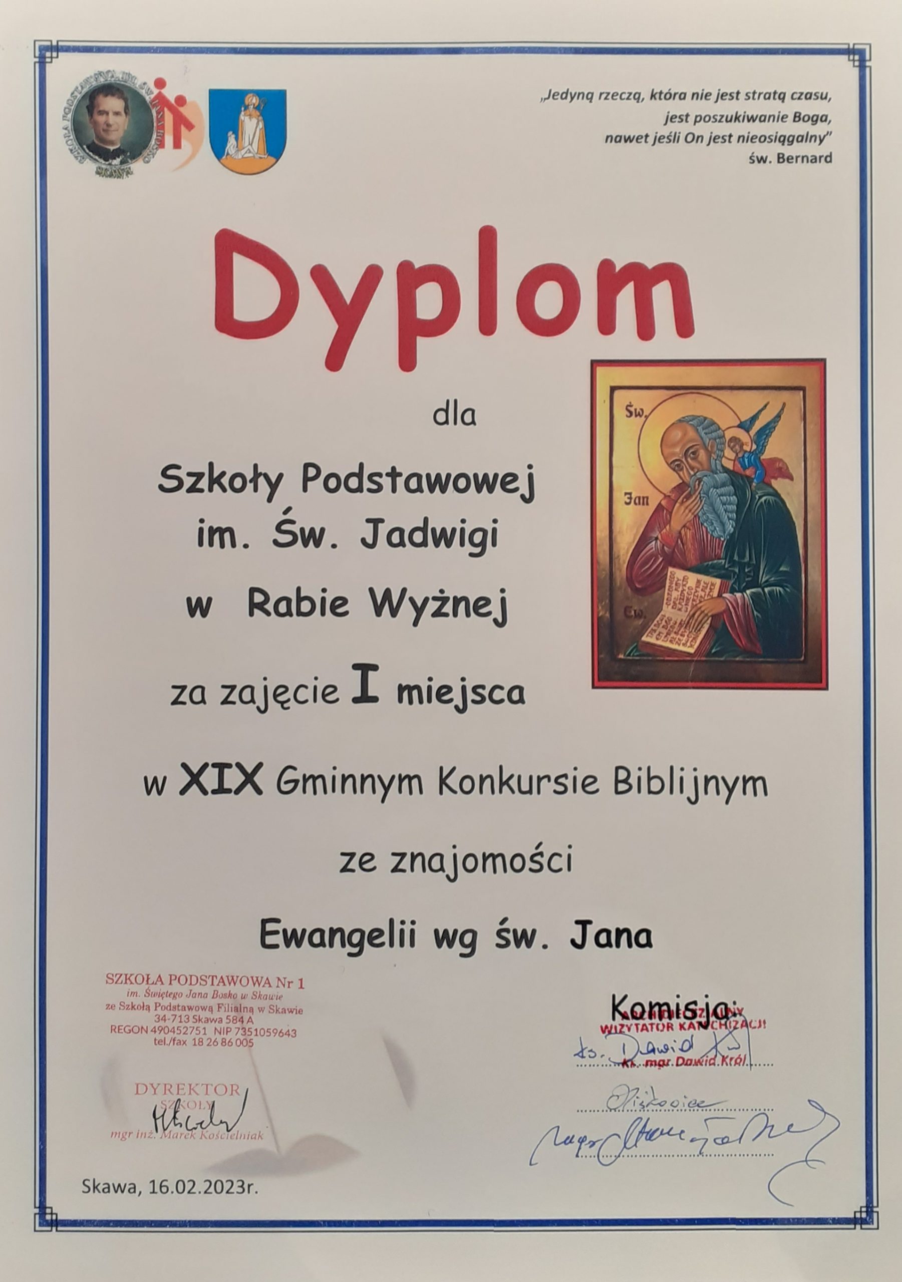 zdjęcie dyplomu za zajęcie I miejsca w konkursie biblijnym