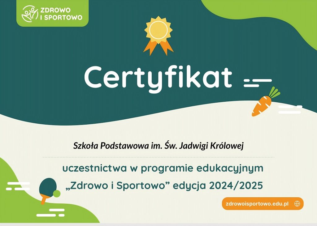 Certyfikat uczestnictwa w programie edukacyjnym - Zdrowo i Sportowo