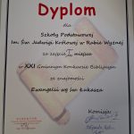 zdjęcie dyplomu dla naszej szkoły za zajęcie I miejsca w Konkursie Biblijnym