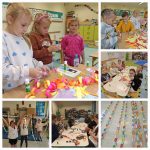 Zdjęcie z tworzenia przez dzieci kolorowego papierowego łańcucha