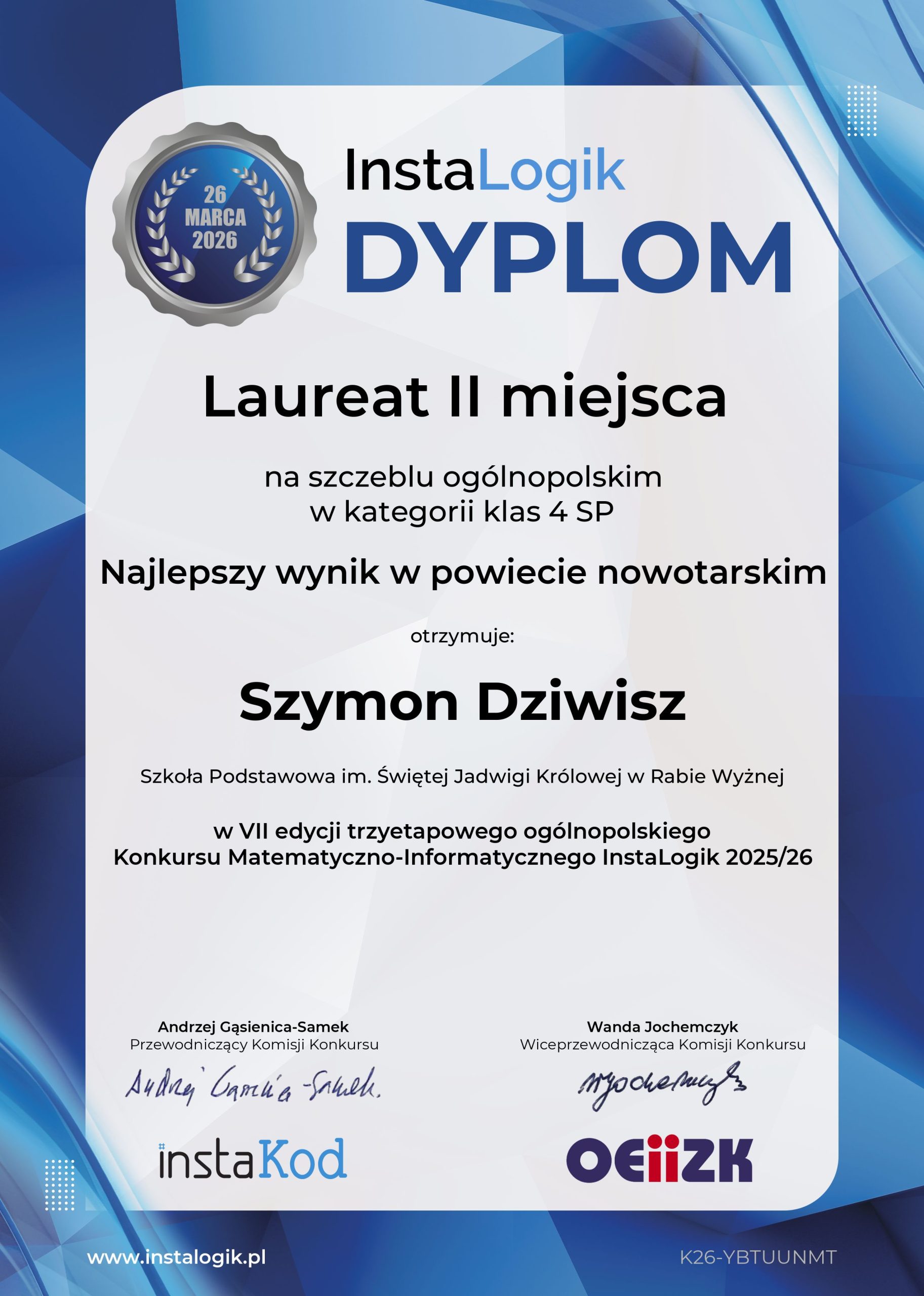 Dyplom dla Szymona.